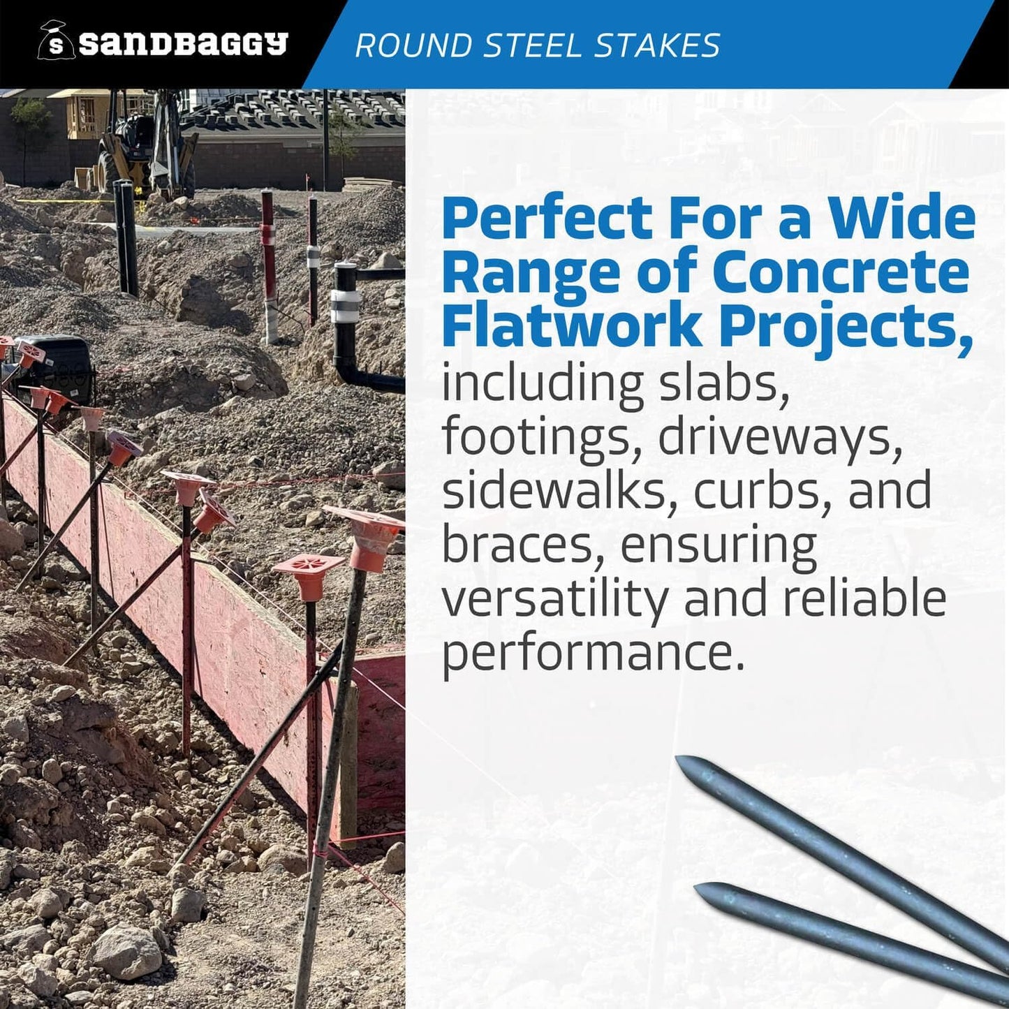 Sandbaggy Round Steel Concrete Form Stakes with Nail Holes - Rust Resistant Coating - Removable, Reusable (10, 3/4 in X 24 in)