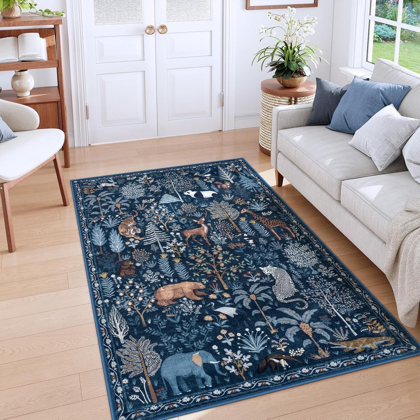OJIA Jungle Print Blue 5x7 Rugs for Living Room, Soft Ultra-Thin Washable Area Rugs for Bedroom Non-Slip Modern Entryway Rug Non Shedding Indoor Carpet Kids Rugs for Playroom Nursery Classroom