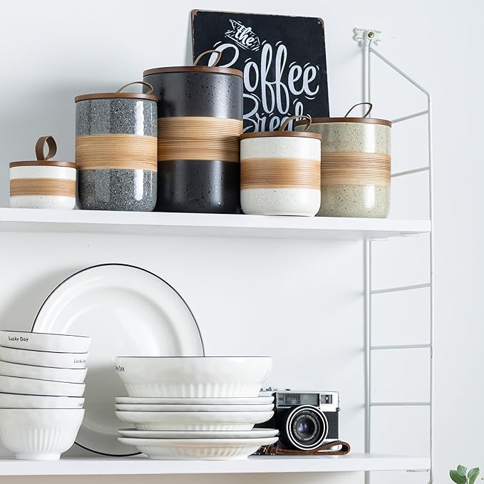 Ceramic Jar with Lid, Coffee Container Kitchen Food Storage Jars for Spice Sugar Tea Bag, Stackable Decorative Jars for Countertop, Black & 18oz