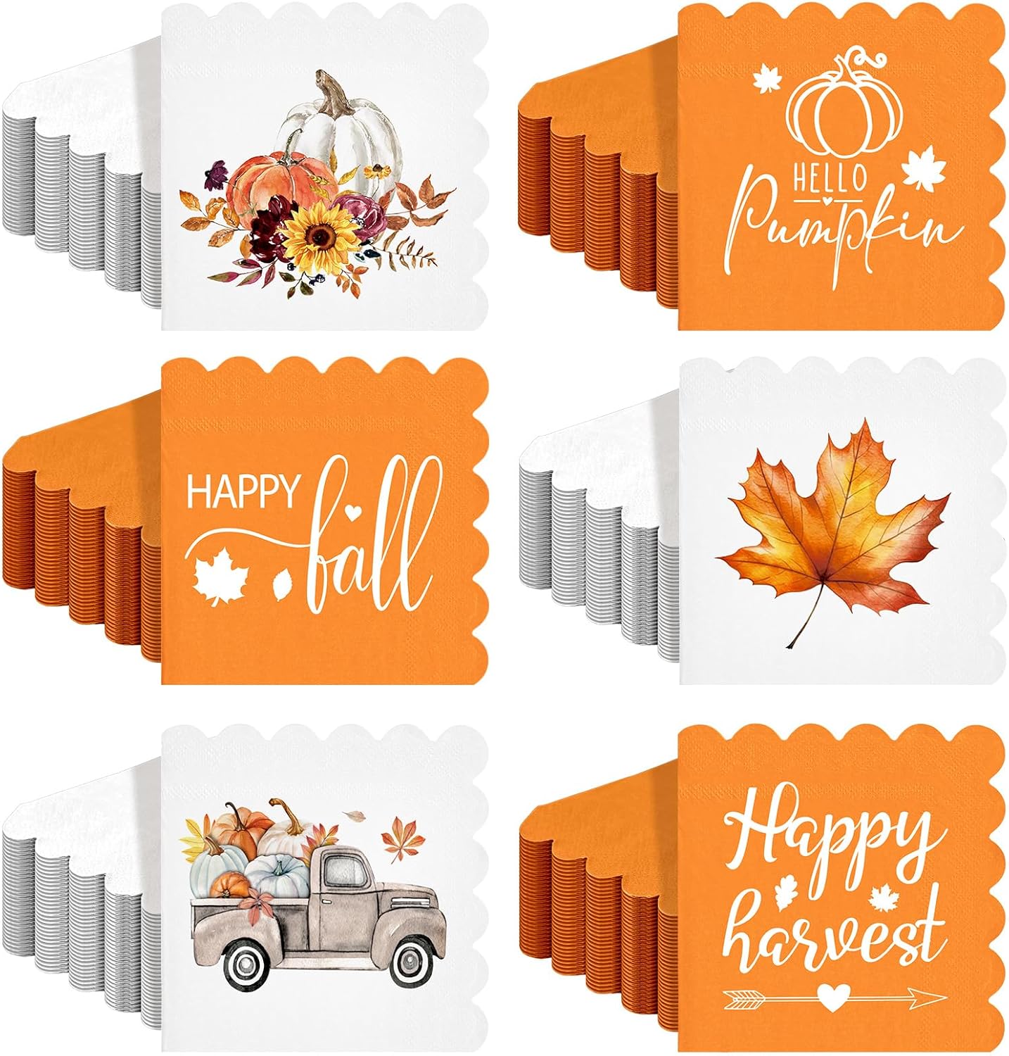 150 Pcs 5 x 5 Inches Fall Thanksgiving Paper Napkins Autumn Pumpkin Scalloped Cocktail Napkins for Decoupage Disposable Autumn Harvest Party Supply Bathroom Table Dessert Dinner Wedding Decor