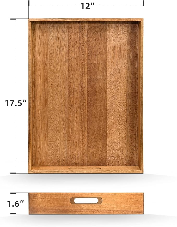 Acacia Wood Serving Tray with Handles (17 Inches) – Decorative Serving Trays Platter for Breakfast in Bed, Lunch, Dinner, Appetizers, Patio, Ottoman, Coffee Table, BBQ, Party –Great for Lap &Couch