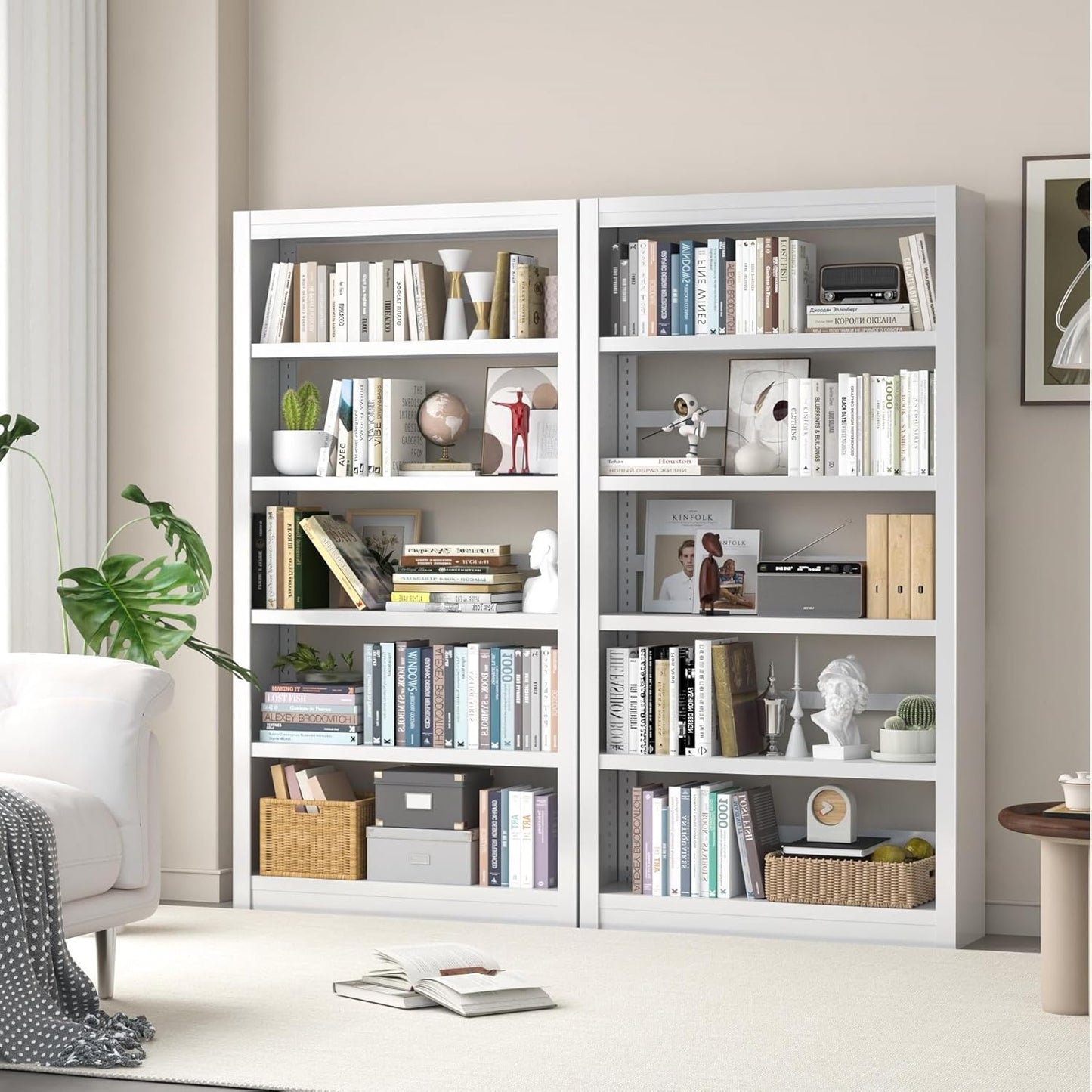 Metal Bookshelf Adjustable - 61" Tall White Bookcase, 5 Tier Book Shelf, Tooless Assembly Book Case, Modern Bookshelves and Bookcases for Home Office, Living Room, Bedroom, Study, Library