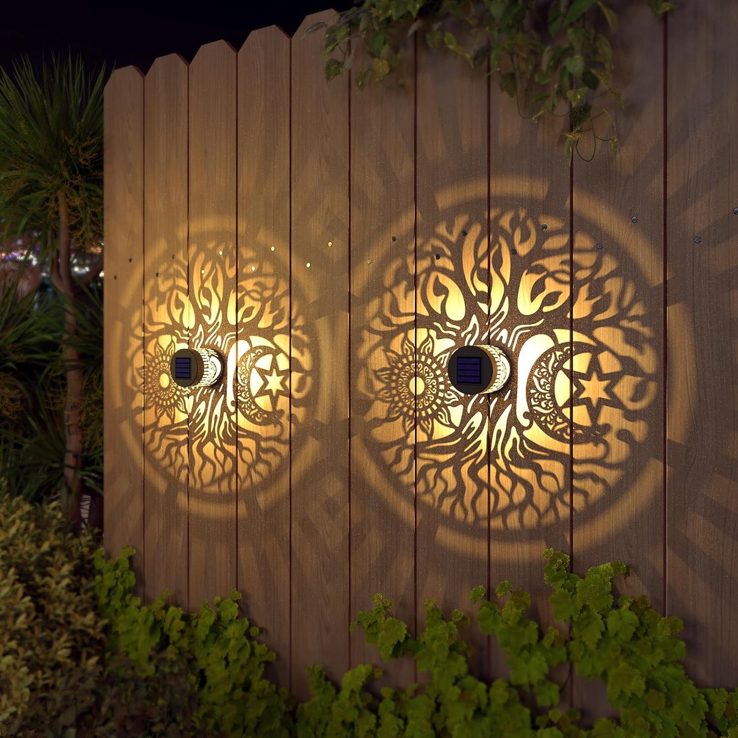 4 Pack Solar Fence Lights Metal Solar Powered Outdoor Wall Deck Step Lights Tree Theme Waterproof Fence Light for Garden Post Patio Backyard Yard Decor (Tree, 4 Pack)