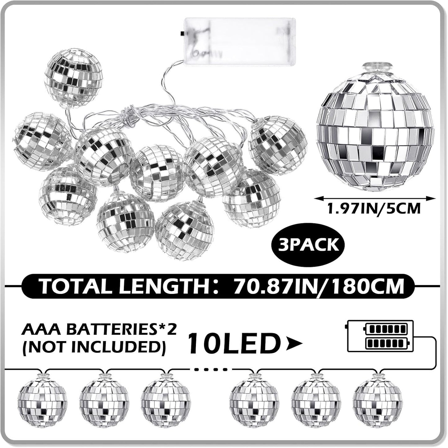 Zhanmai 30 LED Disco Ball String Lights Decor Lighted Mini Mirror Disco Balls Ornaments for 70s 80s Party Supplies Club(1.97 Inch Ball,Silver)