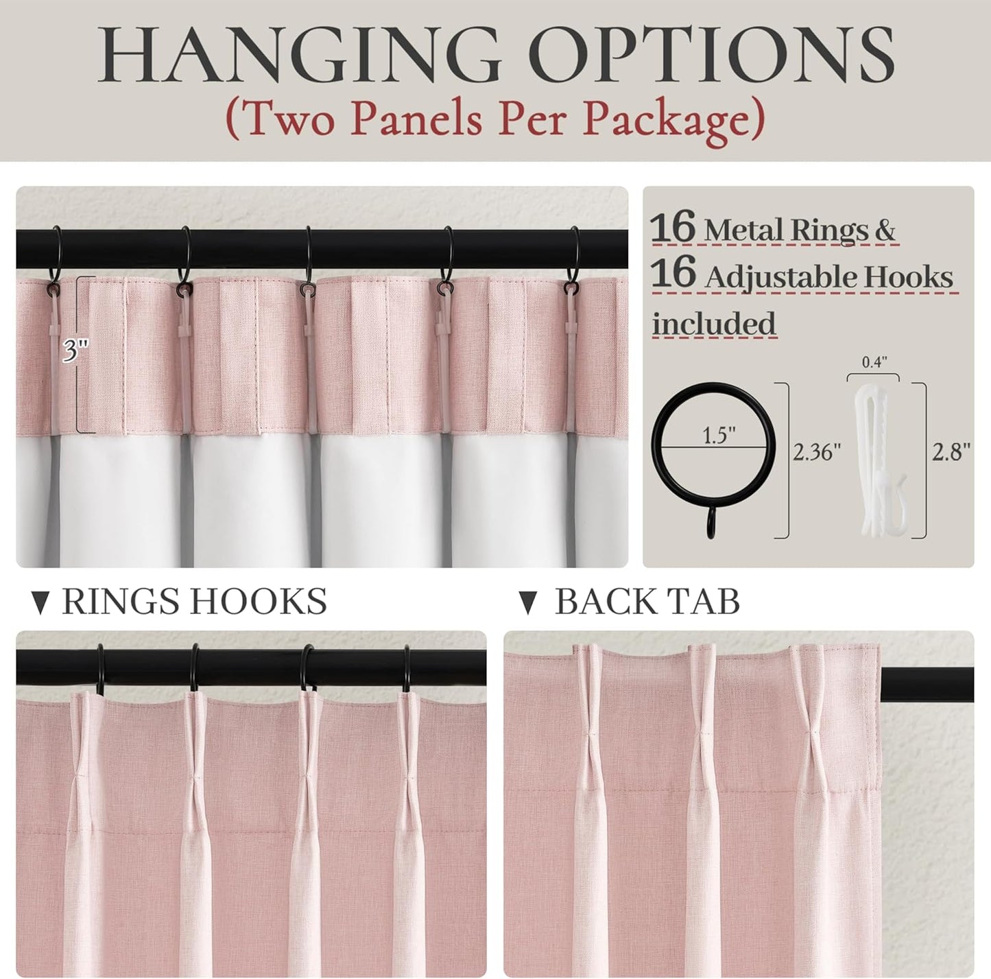 Pink Blackout Thick Linen Drapes 108 Inches Long 2 Panels Set for Bedroom, Extra Long Pinch Pleated Floor to Ceiling Boho Curtains Room Darkening Privacy Ceiling Track Burg for 108 Inch Large Windows