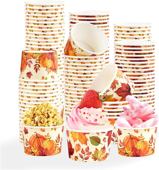 Grencian 120 PCS Fall Paper Cups 12 oz Maple Leaves Pumpkin Snack Bowls Disposable Autumn Thanksgiving Dessert Cups for Fall Thanksgiving Halloween Harvest Party Snacks Candies Party Supplies