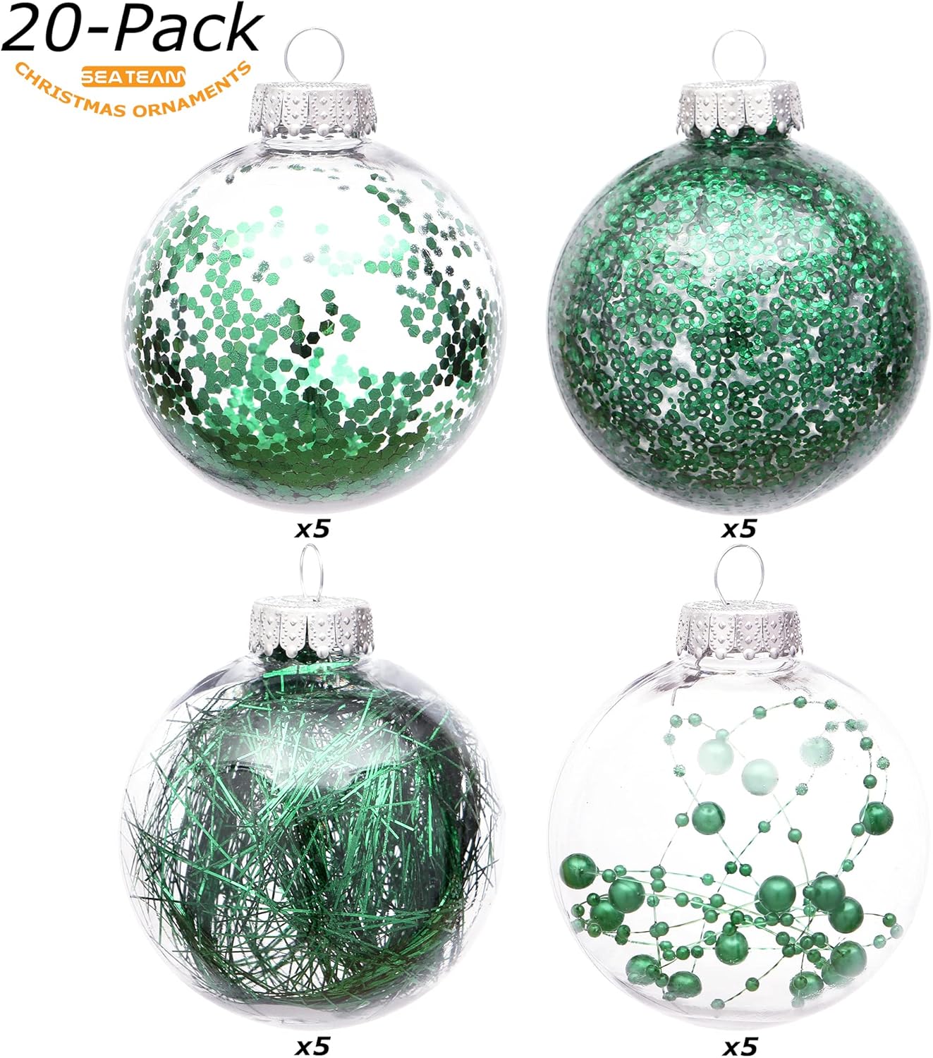 Sea Team Shatterproof Clear Plastic Christmas Ball Ornaments Decorative Xmas Balls Baubles Set with Stuffed Delicate Decorations (80mm/3.15 inch 20-Pack, Green)