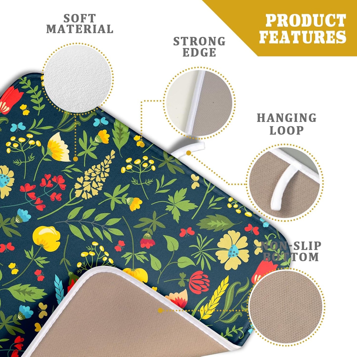 Floral Dish Drying Mat for Kitchen Counter Cute FLowers Seasonal Absorbent Reversible Microfiber Kitchen Countertop Protector Dishes Pad Small 16x18 inch