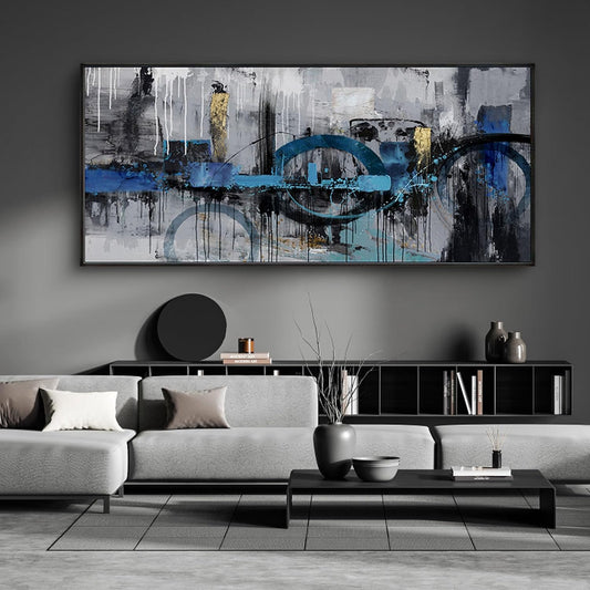 KLAKLA Large Abstract Wall Art Canvas - Blue and Gray Lnk Style Gold City Scenes Wall Decor Living Room Bedroom Decoration Black Frame Picture Artwork for Wall Modern Landscape Wall Decor