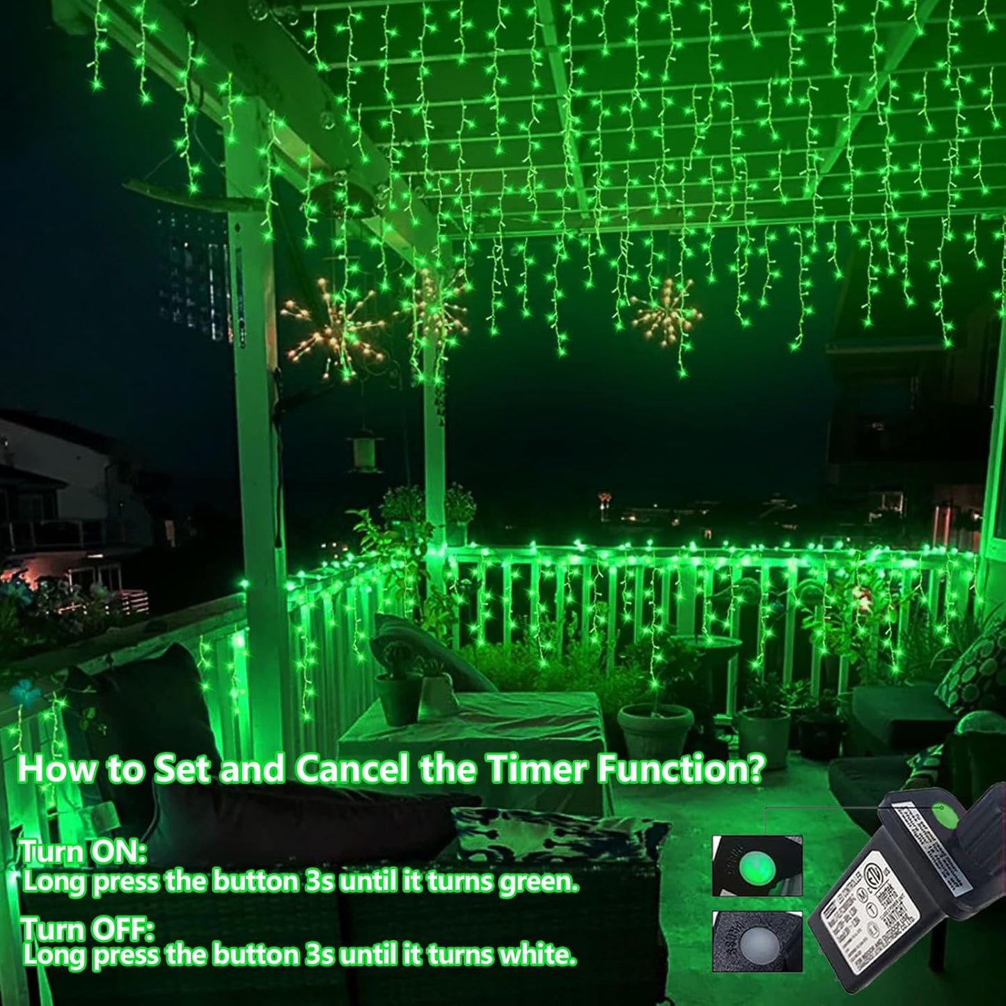 QITONG Green Icicle Lights for Outside, 66ft 800 LED Halloween Light Plug in with 8 Modes, Clear Wire Connectable Christmas Lights Indoor with 160 Drops