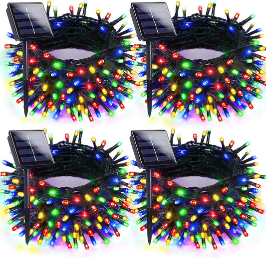 4pk Multi-Colored Solar Christmas Lights Outdoor Waterproof, 400 LED 132 FT Solar Powered LED String Lights Green Wire with 8 Modes, Solar Fairy Lights for Xmas Tree Party Wedding Garden Decorations