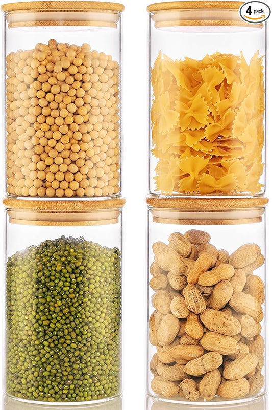 32oz - 4 Pack Glass Jars with Bamboo Lids, Glass Pantry Storage Containers with Airtight Lids, Round Air Tigh Food Storage Canisters for Cereal, Pasta, Flour, Sugar, Rice, Best for Kitchen Organizer