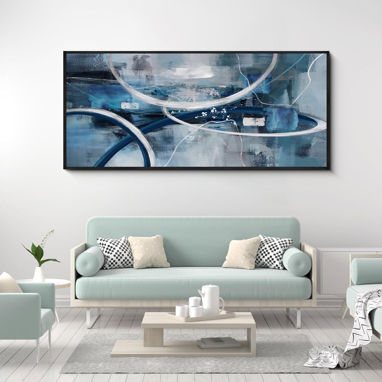 XLSJERST Large Abstract Canvas Wall Decor - Modern Living Room Wall Art Elegant Combination of Tones Black and White Gray Background Blue Gradient Picture