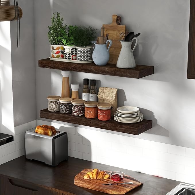 Rustic 30" Floating Shelves, Real Elm Wood Floating Shelf for Wall, Heavy-Duty Wall Shelves for Books, Wooden Floating Shelves with Invisible Bracket for Bathroom, Kitchen, Walnut Color, Set of 2