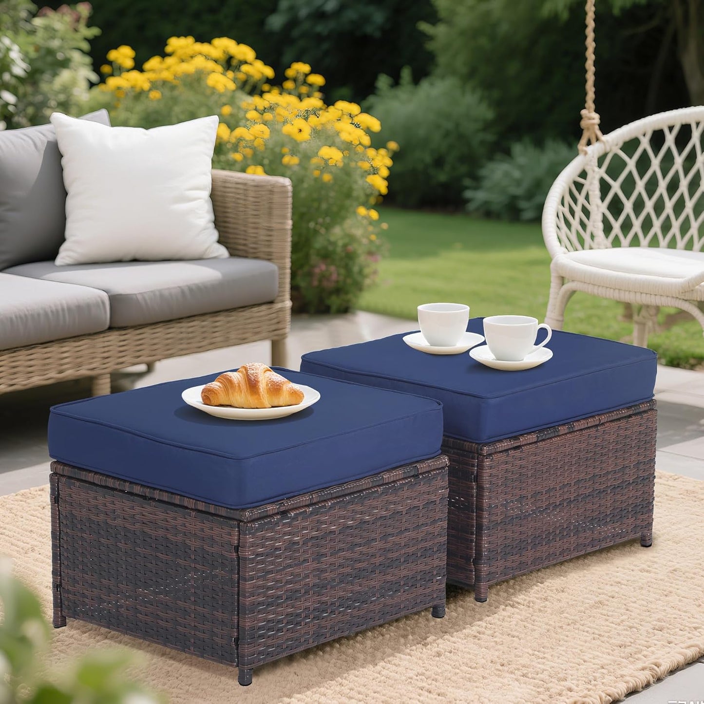 Outdoor Ottoman Rattan Footstool - Patio Ottomans with Removable Cushion, All-Weather PE Wicker & Steel Frame for Poolside, Garden Outdoor Furniture,23.6 x 21.7 x 17.8 inches, Brown