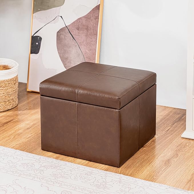 Adeco Storage Ottoman Foot Rest Stool, Leather Ottoman Footstool with Hinged Lid, 17" Small Foot Stool Bench for Living Room, Bedroom