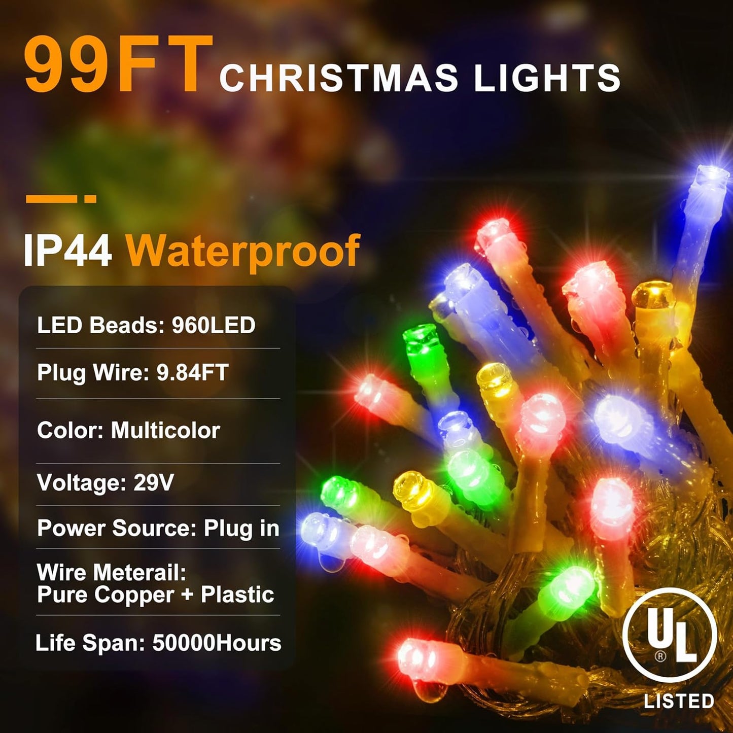 KNONEW 99ft 960 LED Christmas Lights Outdoor Decorations with 180 Drops, 8 Modes Curtain Fairy Light, Clear Wire LED String Light Indoor Decor for Wedding Party Christmas(Multicolor)
