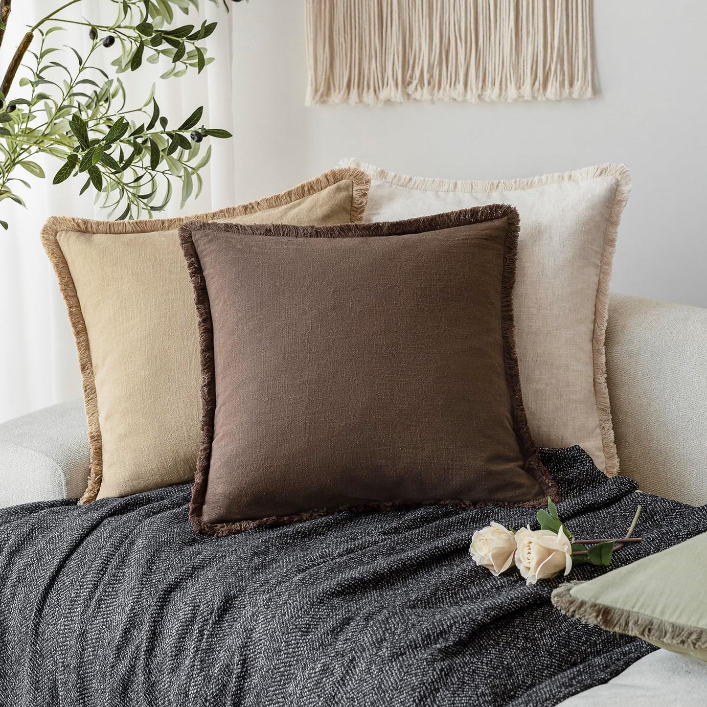 Foindtower Set of 2 Decorative Linen Fringe Throw Pillow Covers Cozy Boho Farmhouse Cushion Cover with Tassels Soft Accent Pillowcase for Couch Sofa Bed Living Room Home Decor,26×26 Inch,Reddish Brown