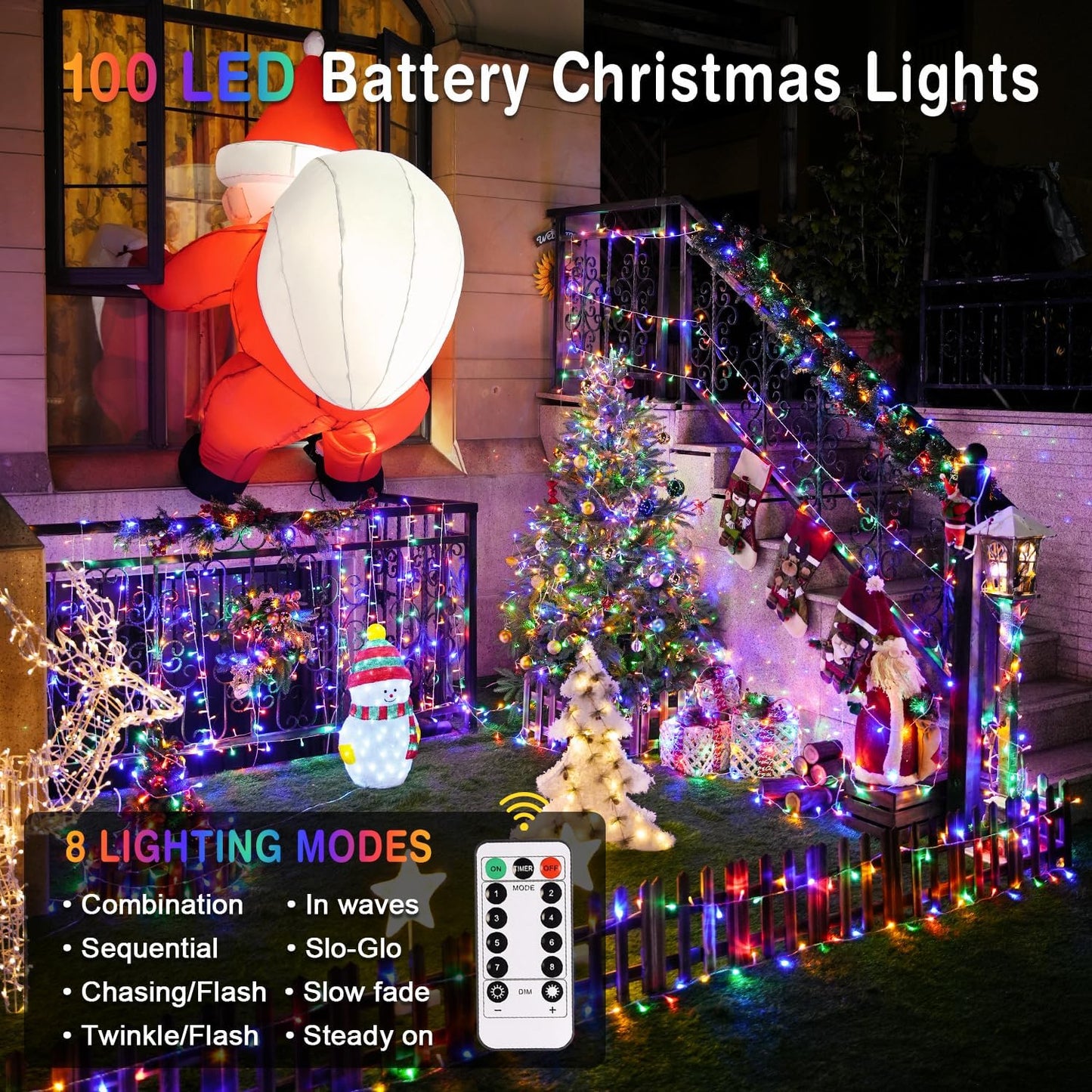 JMEXSUSS Multicolor Christmas Lights Battery Operated with 8 Modes Remote Waterproof, 33ft 100 LED Battery Christmas Lights Indoor Outdoor for Tree Home Party Room Garden Decor