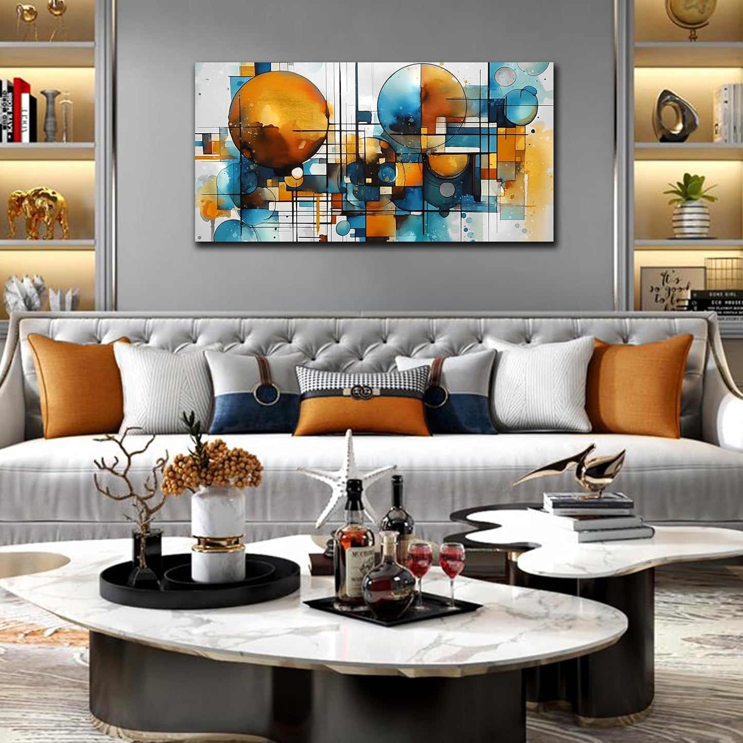 ENTANUB Abstract Canvas Wall Art for Living Room, Circle Wall Decor for Bedroom, Orange and Blue Print Paintings Artwork, Size 20x40 Inches