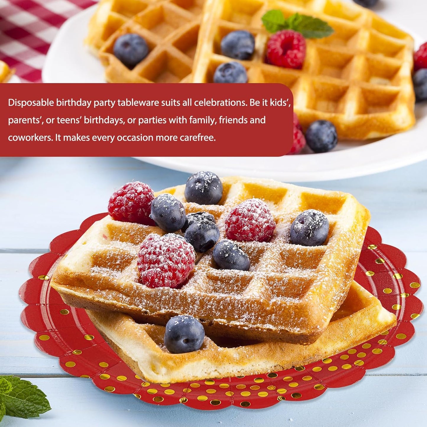 50PCS Red Paper Plates, 7 Inch Scalloped Red and Gold Party Plates Disposable Foil Polka Dots Dessert Plate Cake Plate for Wedding Baby Shower Birthday Anniversary Bachelorette Dinner BBQ