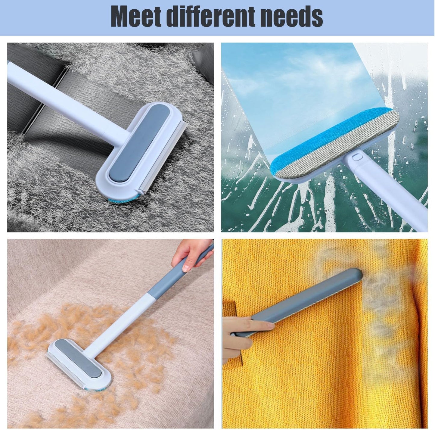 1 PCS Pet Hair Remover for Furniture,4 in 1 Reusable Lint Brush with 17-Inch Handle, Washable Tool for Dog and Cat Hair on Couches, Carpets, Clothes, Bedding, and Cars