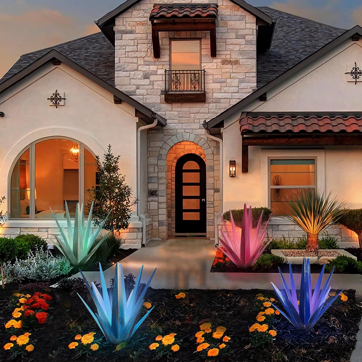 Large Tequila Rustic Sculpture, Rustic Metal Agave Plants for Outdoor Patio Yard, Home Decor Hand Painted Metal Agave Garden Yard Statue, Outdoor Lawn Ornaments (Rose Red - L (W/Solar Light))