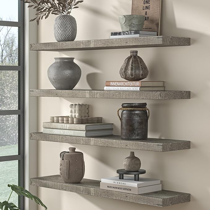 Fun Memories Floating Shelves for Wall Decor, 40"x8" Rustic Reclaimed Wood Shelves, Heavy-Duty Wall Mounted Shelves with Invisible Brackets, Set of 2for Living Room, Bedroom, Kitchen, Grey Finish