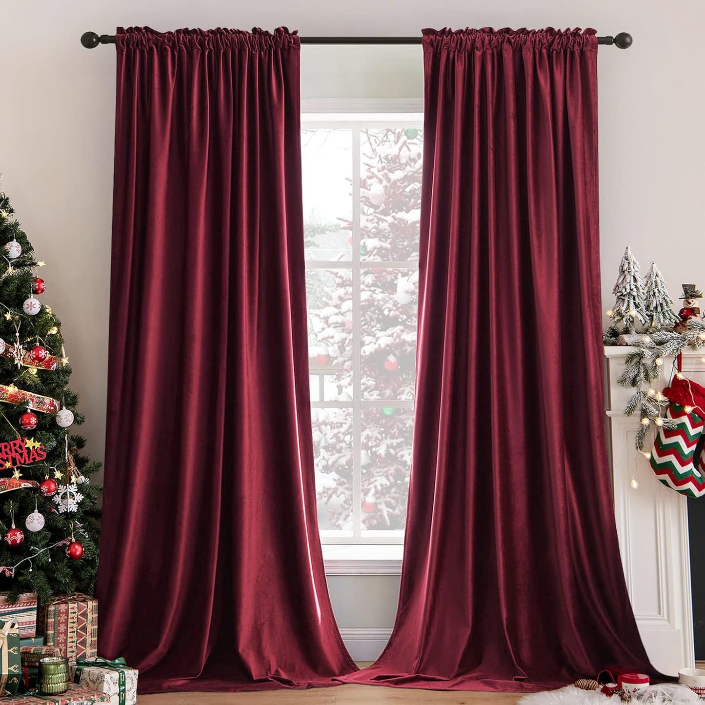 MIULEE Burgundy Velvet Curtains Thermal Insulated Blackout Curtain Christmas Drapes for Bedroom Living Room Darkening 84 Inches Long Curtains Panels Rod Pocket Set of 2