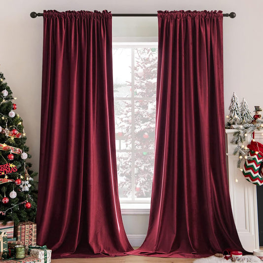 MIULEE Burgundy Velvet Curtains Thermal Insulated Blackout Curtain Christmas Drapes for Bedroom Living Room Darkening 96 Inches Long Curtains Panels Rod Pocket Set of 2