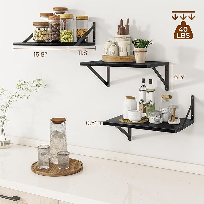Heimlove Deep Floating Shelves for Wall, 12 Inch Deep Floating Shelves Set of 3, 16W x 12D Wood Wall Shelves, Wide Wood Shelves with Metal Bracket for Living Room, Kitchen, Office, Bedroom - Black