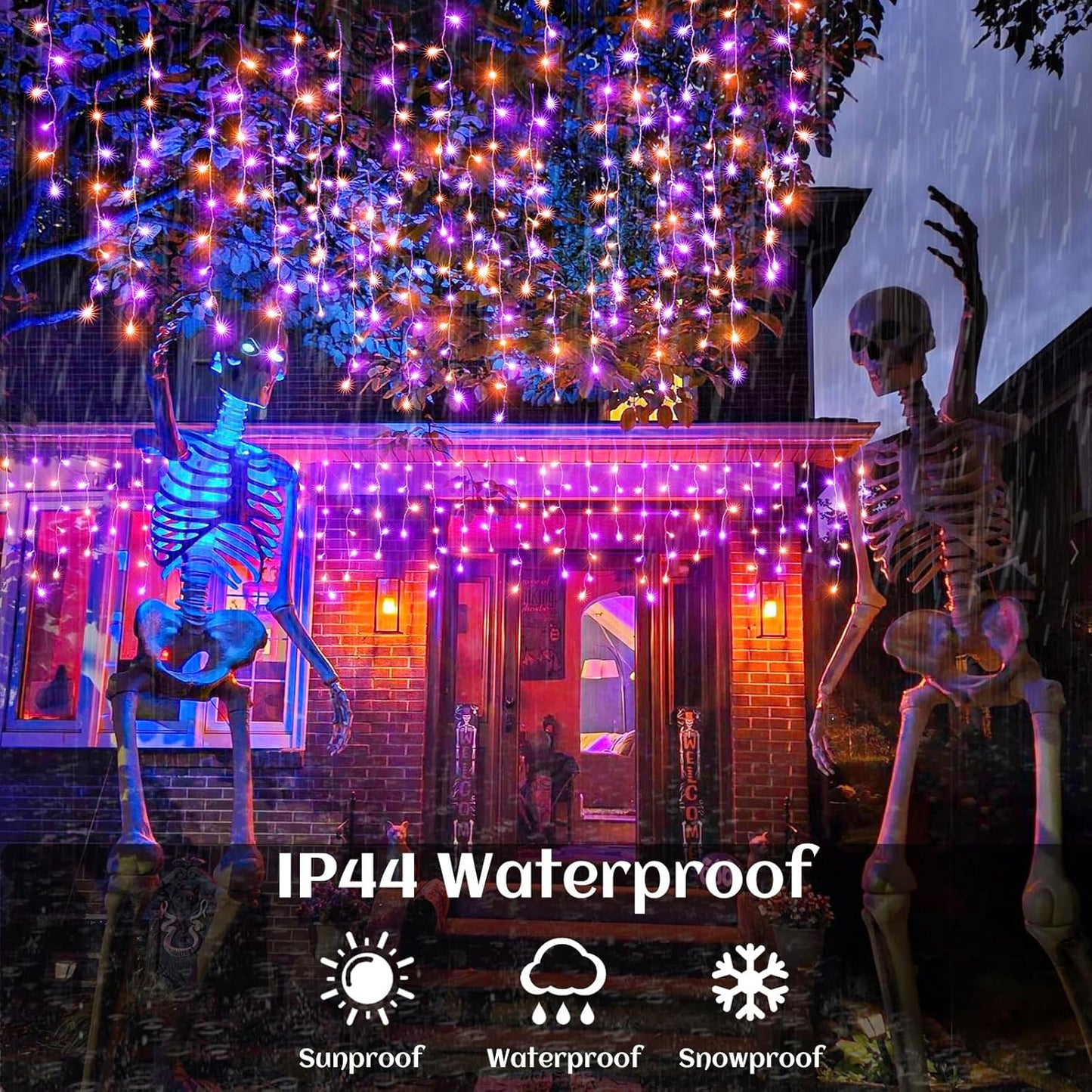 66ft Halloween Lights Outdoor, Orange and Purple Icicle Lights for Outside Indoor, 640 LED Twinkle String Lights with 120 Drops Clear Wire Short Curtain Light for House Party Tree Holiday Yard Decor