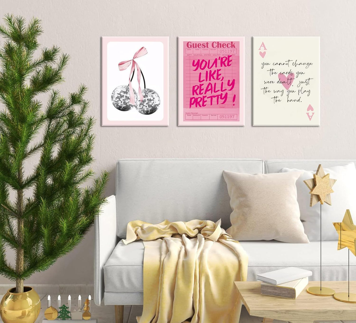 Pink Preppy Wall Art Framed Set of 3 Trendy Coquette Disco Cherry Posters Retro Guest Check Canvas Prints Poker Painting Positive Quote Pictures Room Decor Aesthetic for Girls Bedroom Dorm 12x16in