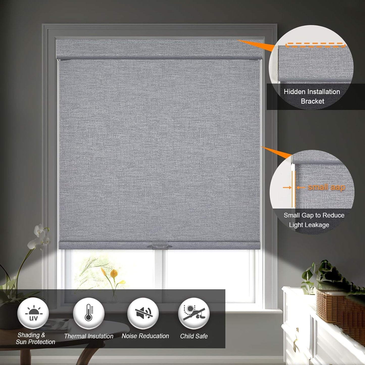 Persilux Blackout Roller Shades for Indoor Windows with Upgraded Cassette, Cordless Shades Window Blinds Pull Down for Doors, Easy to Install for Office/Living Room/Bedroom, Grey(31.5" W x 72" H)