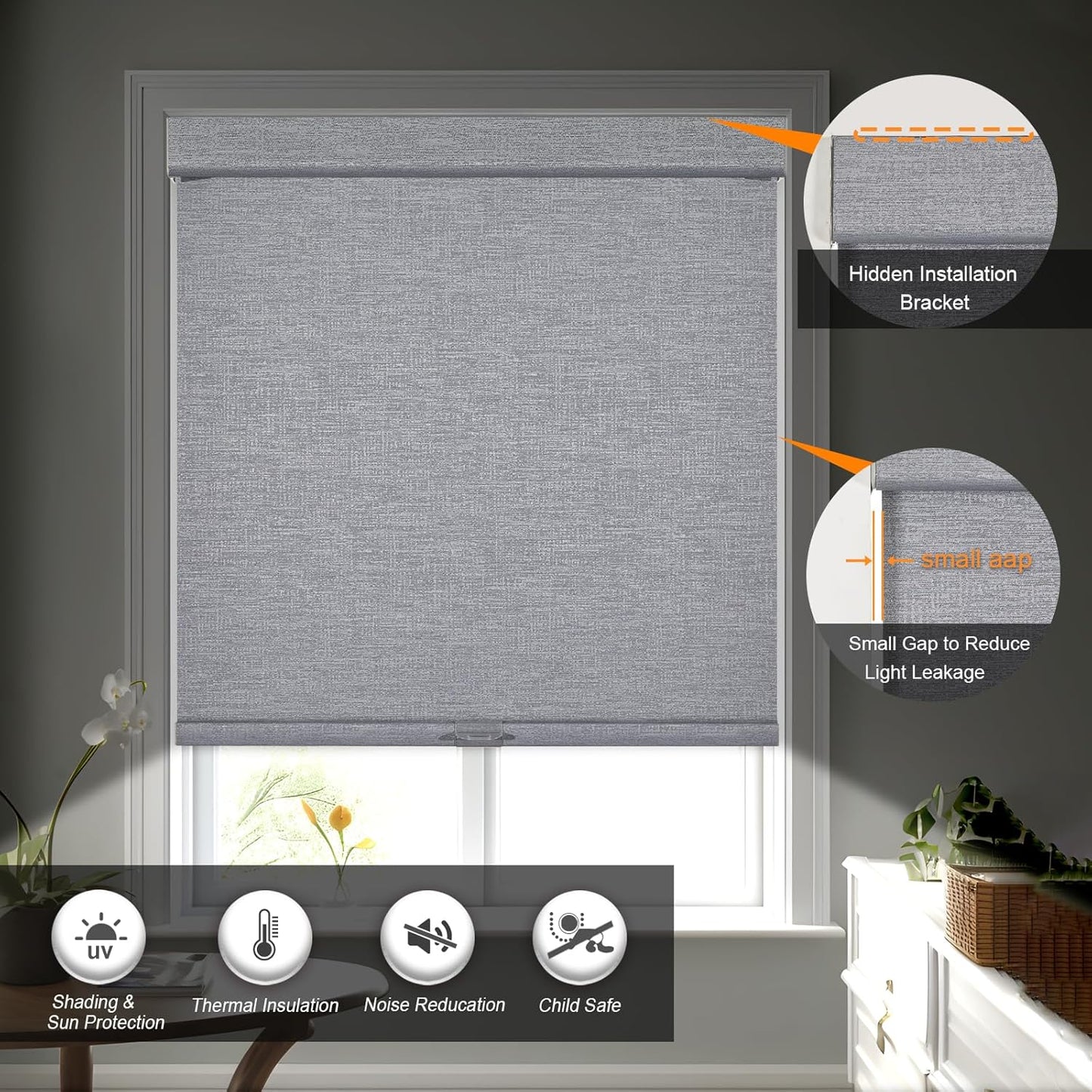 Persilux Blackout Roller Shades for Indoor Windows with Upgraded Cassette, Cordless Shades Window Blinds Pull Down for Doors, Easy to Install for Office/Living Room/Bedroom, Grey(54.5" W x 72" H)