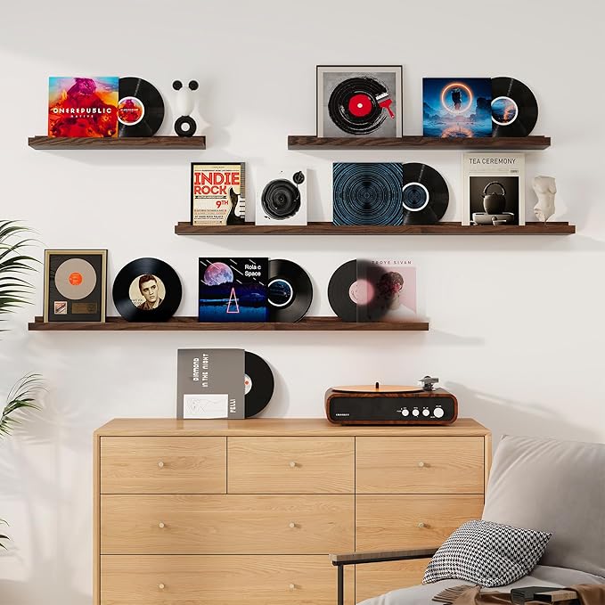 Floating Picture Ledge Shelves 55 Inch Solid Oak Wood Set of 2, Rustic Wall Storage Shelves with Lip, Kids Bookshelf, Photo & Picture Ledge Shelves for Bedroom, Living Room, Kitchen