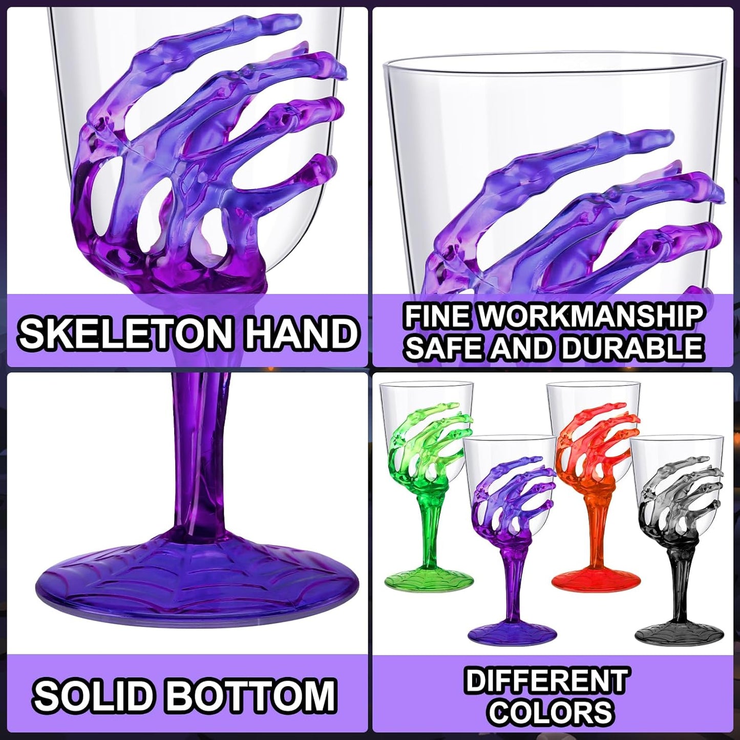 Yungyan 60 Pcs Halloween Skeleton Hand Plastic Goblets Set 12 oz Spooky Skeleton Hand Goblets Halloween Clear Cups Wine Glasses Creepy Champagne Decorations for Party Haunted House 4 Color