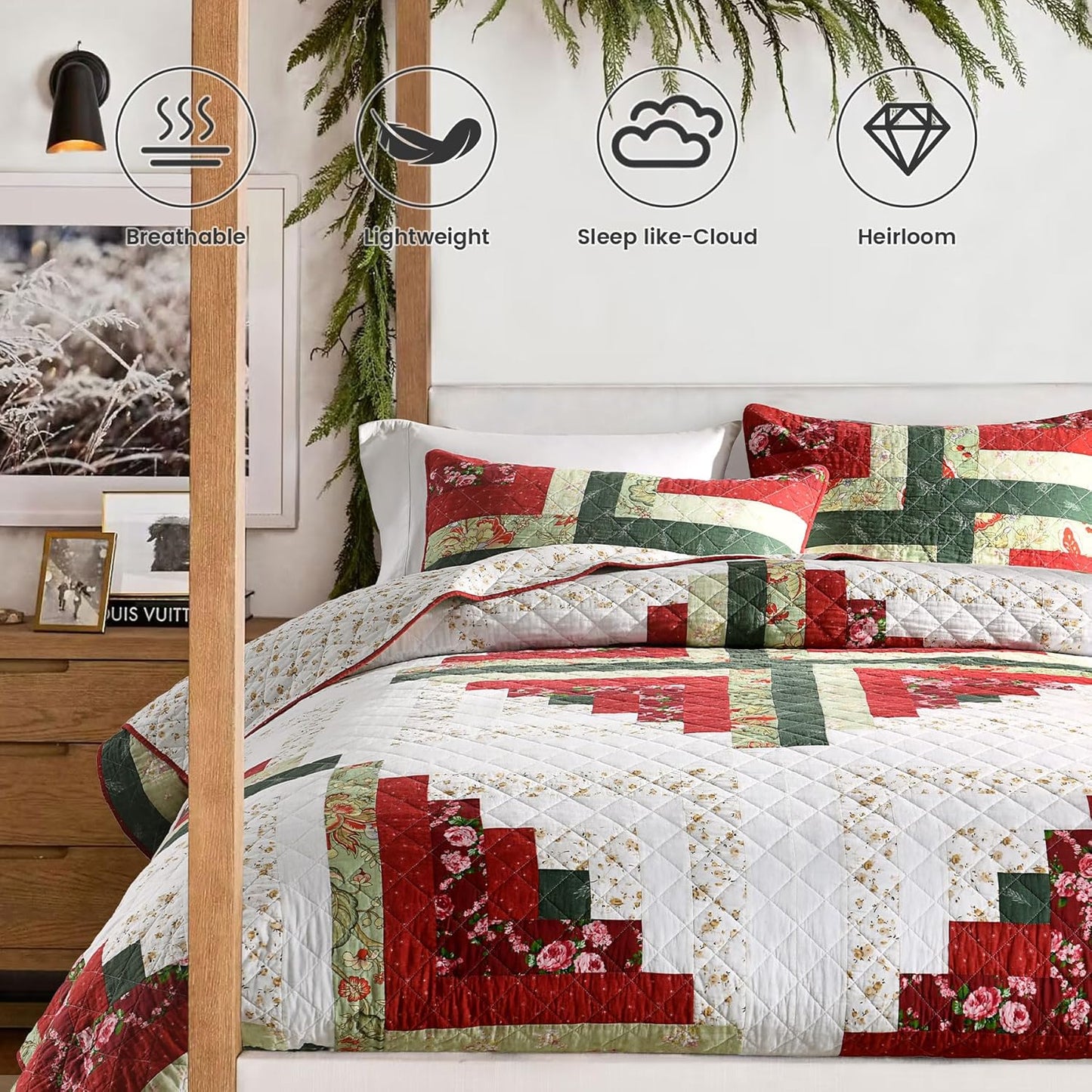 Secgo Handmade Quilted 100% Cotton Queen Comforter Set for Bed - 100% Cotton Quilts Queen Size, Black Bedspreads (90 * 96 Inch) with 2 Pillow Shams, Patchwork Reversible Lightweight Bedding