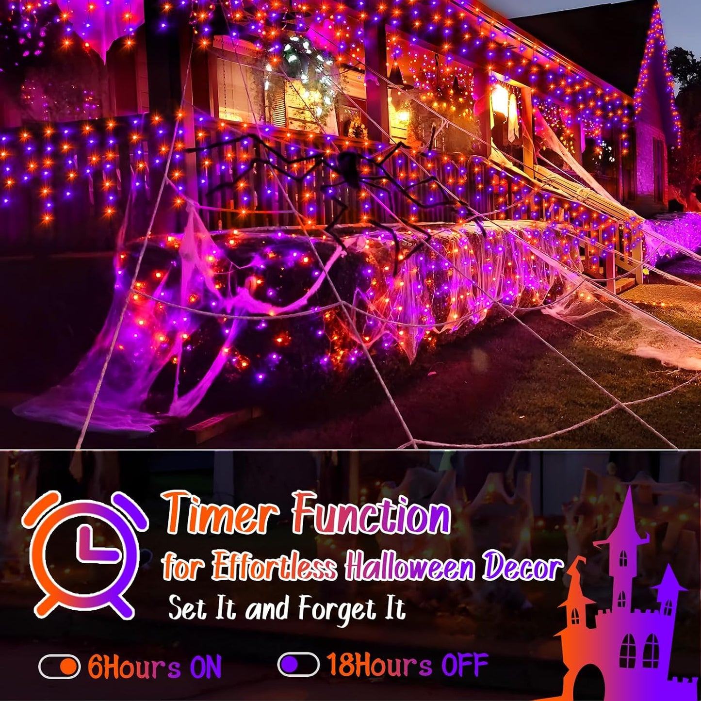 KNONEW 99FT 1216 LED Halloween Lights Decortation Orange Purple String Lights Outdoor with 228 Drops, 8 Lighting Modes, Timer Memory Function Hanging Curtain Lights for Halloween Party Decor