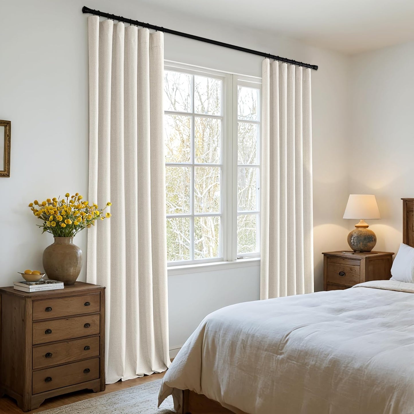 MIULEE 100% Blackout Curtains 108 Inch Long 2 Panels Set for Bedroom, Thick Luxury Faux Linen Black Out Curtain Room Darkening Back Tab Pleat Window Textured Drapes with Hooks for Living Room, Birch