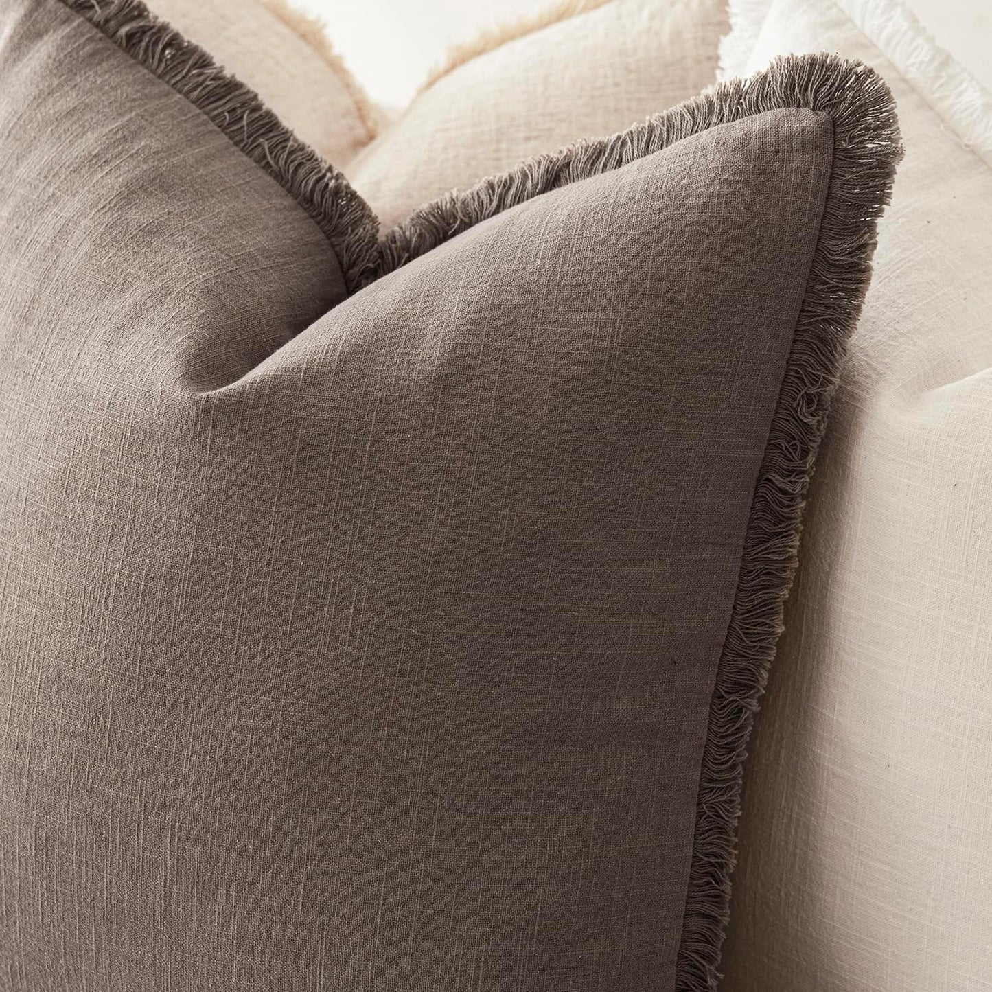 Foindtower Set of 2 Decorative Linen Fringe Lumbar Throw Pillow Covers Boho Farmhouse Cushion Cover with Tassels Accent Pillowcase for Couch Sofa Bed Living Room Home Decor,12×24 Inch,Light Coffee