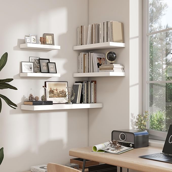 Heimlove 36 Inch White Floating Shelves for Wall,10 Inch Deep Wood Shelves with Invisible Brackets,Wall Mounted Storage & Display Shelves for Bedroom,Living Room,Kitchen,Office