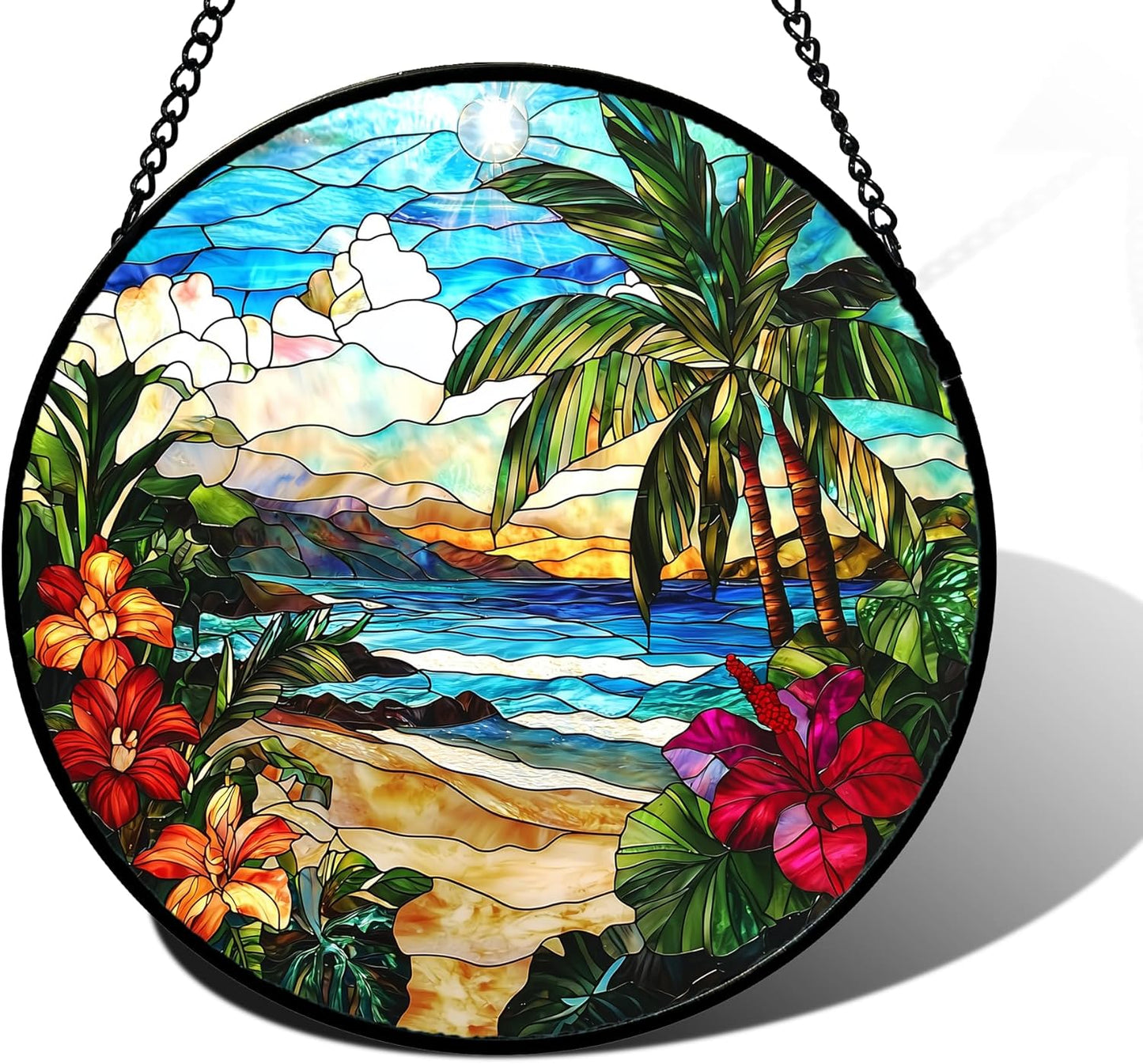 Stained Glass Window Hanging, Blue Beach Scenery Suncatcher Diamond Glass Panel Hangings Sun Catchers Decor for Birthday for Women, Men, Wife, Aunt, and Mom 6.3 in