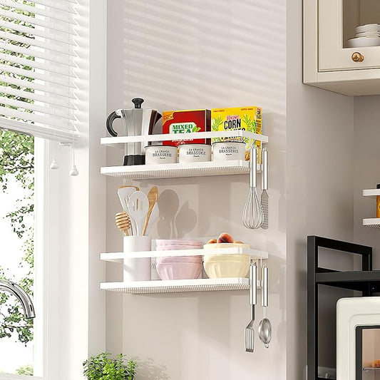 PUSDON Hanging Storage Baskets Organizer Wall Mount, Metal Wire Storage Bin Rack for Kitchen Bathroom Shower Spice Shelf Home Decor Essentials White-2 Packs (Guardrail)