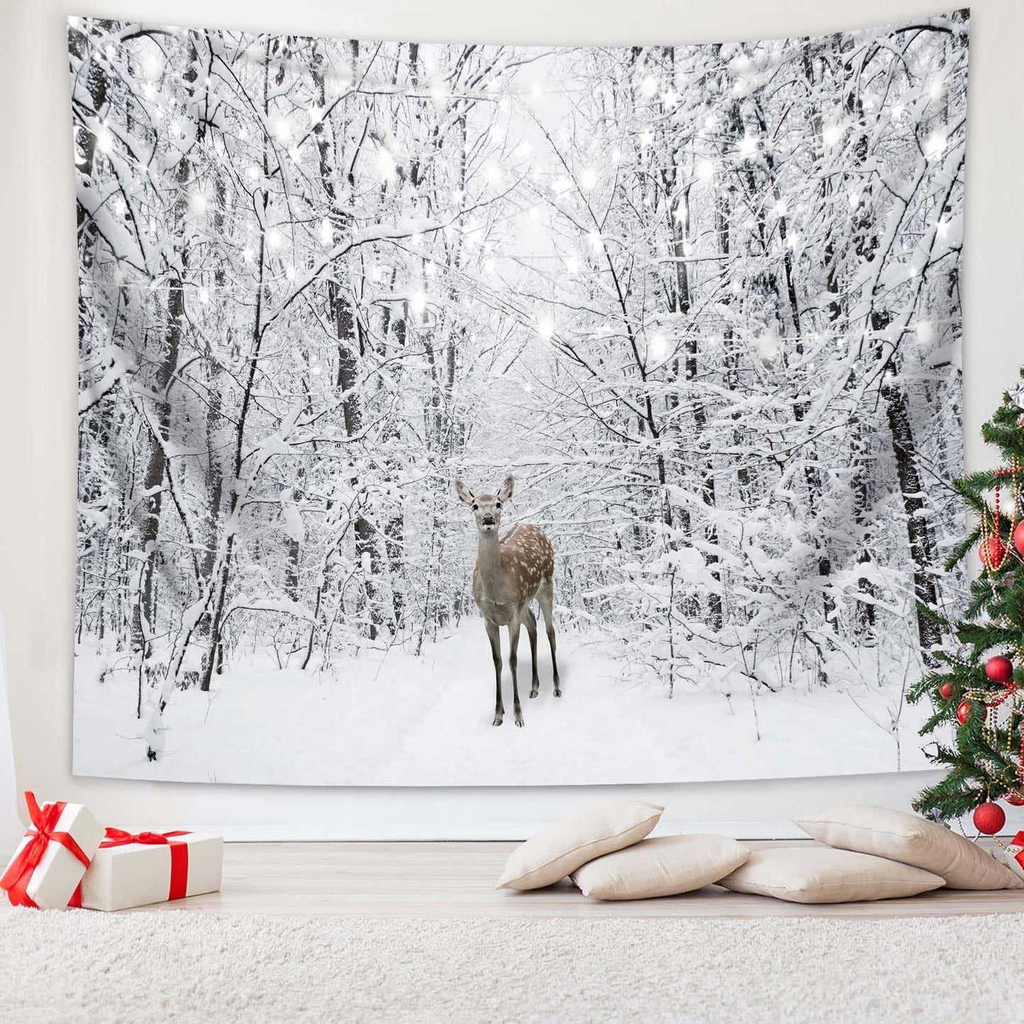 QGHOT Winter Tapestry Wall Hanging Snow Scene Backdrop Winter Wonderland Wall Decor Snowy Forest Wall Art Nature Woodland Deer Tapestry for Bedroom Room Dorm Party Decoration