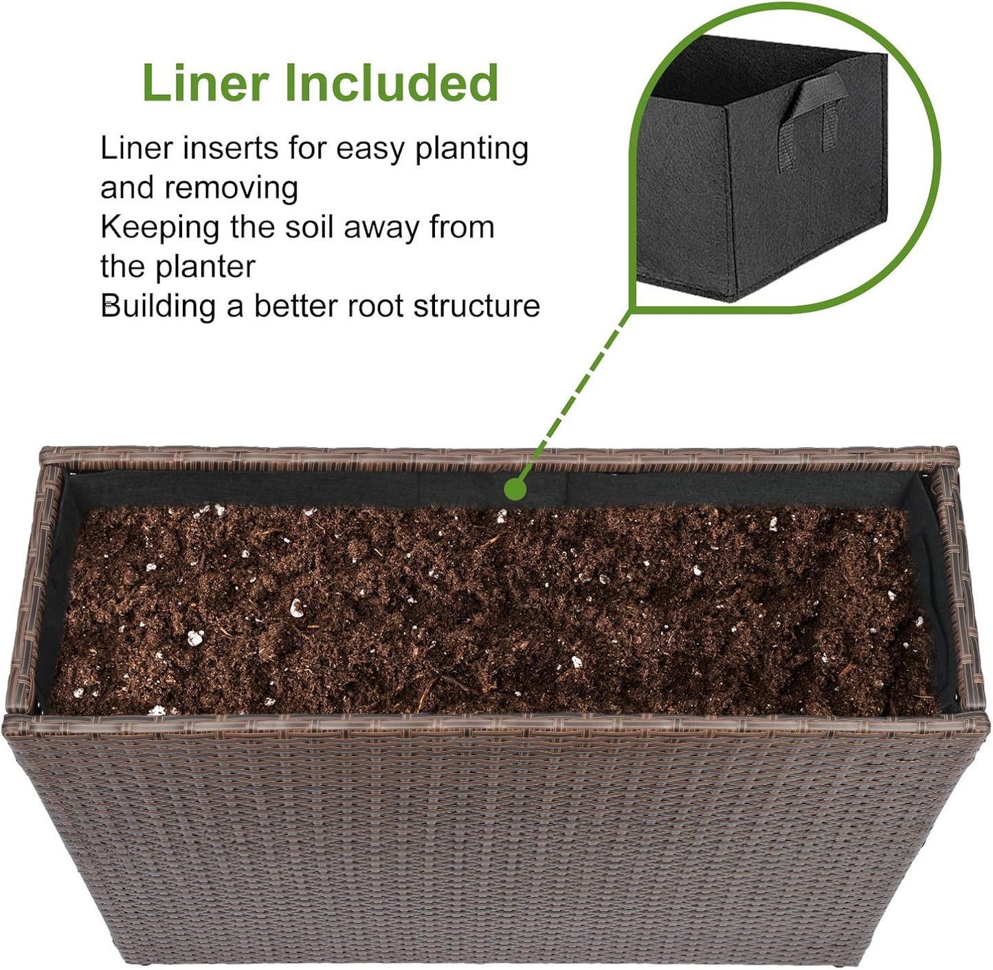 LEWIS&WAYNE Large Rectangular Block Planter Box Handmade Wicker Tall Planters for Outdoor Plants with Removable Liners Modern Planter for Indoor Outdoor Patio Deck - Brown, 32''x11''x24''