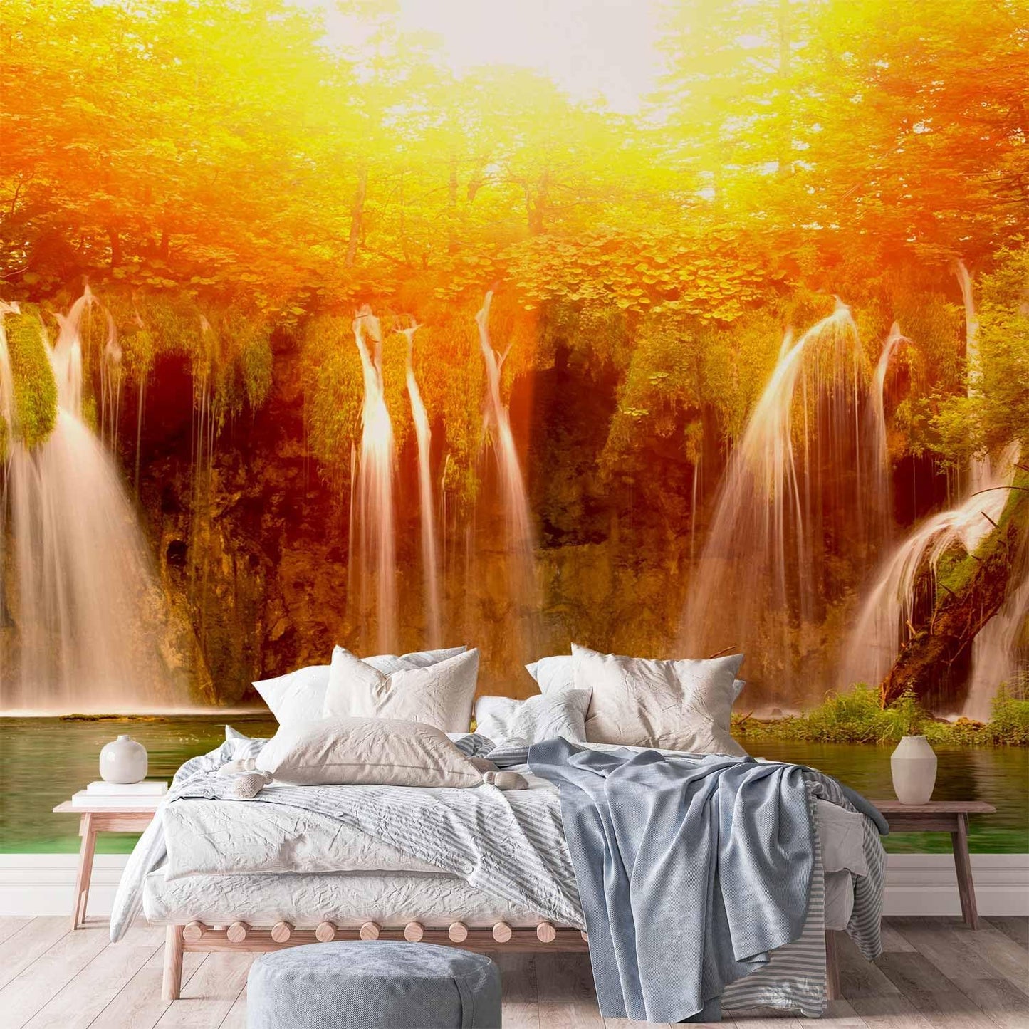 artgeist Wall Mural Peel and Stick Waterfall 212x98 in - XXL Self-Adhesive Corner Wallpaper Removable Large Sticker Foil Angle Wallpaper Wall Decor Print Nature Lake Sun Forest Landscape c-B-0475-a-a