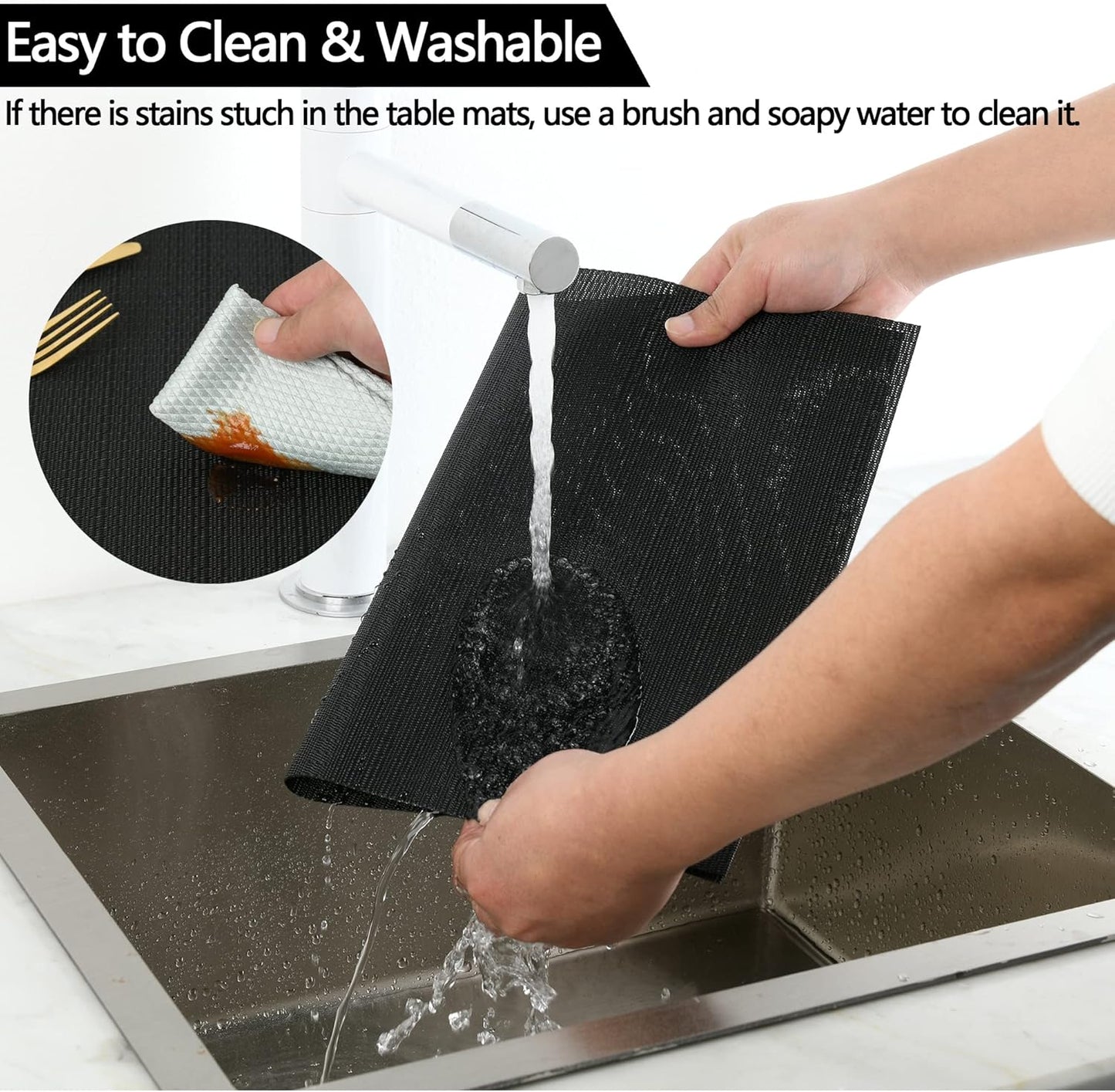 Black Placemats Set of 6 - Easy Clean Washable Vinyl Placemats - Wipeable Heat Proof Table Mats for Dining Table - 17x12 Inch (Pure Black, 6)