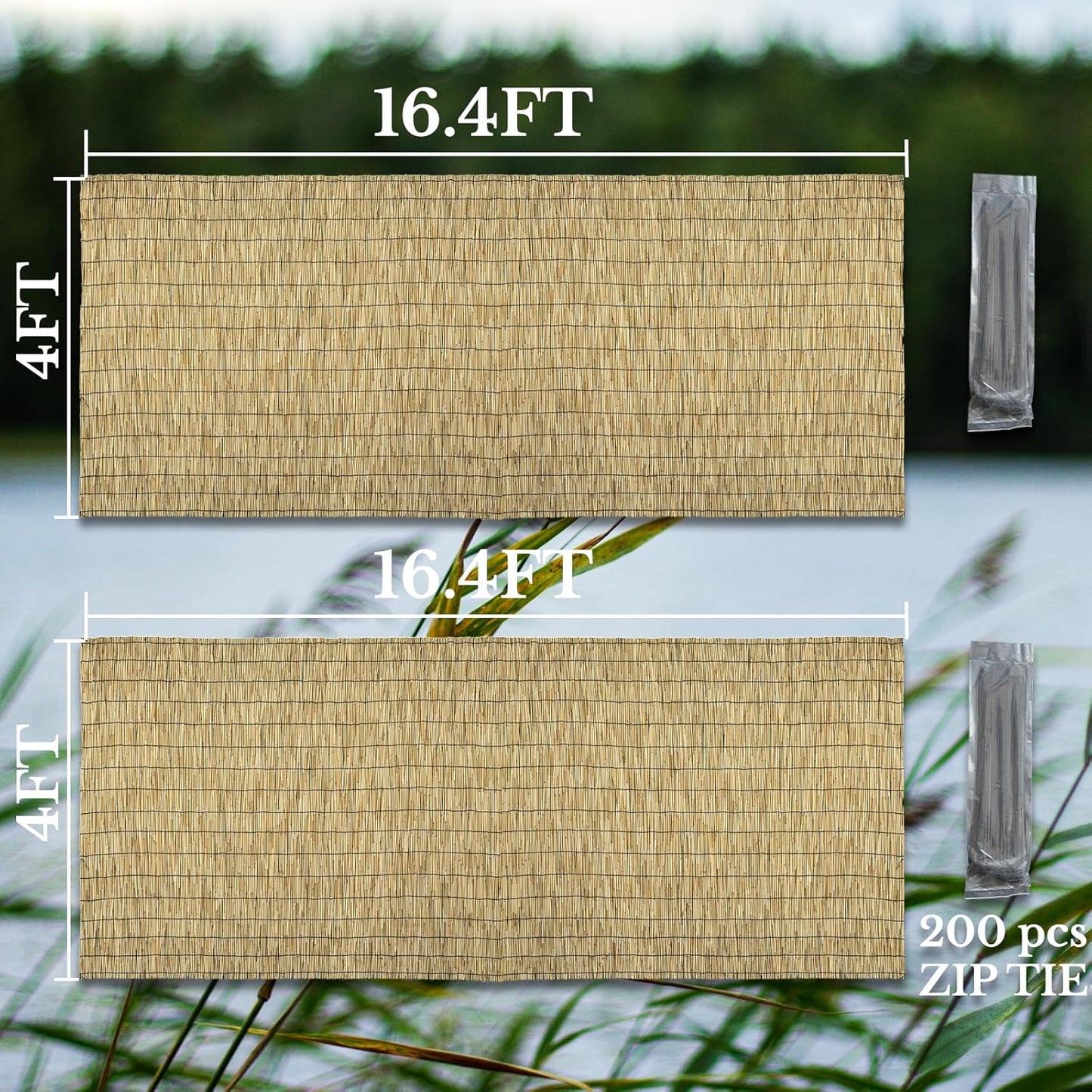 Natural 2 Pack 4FT X 16.4FT Reed Fencing Roll, Balcony Privacy Shade Reed Bamboo Fencing Garden Fence Border, Wind Block Sunshade Fence Screen for Outdoor Yard Patio Flower Bed Edge