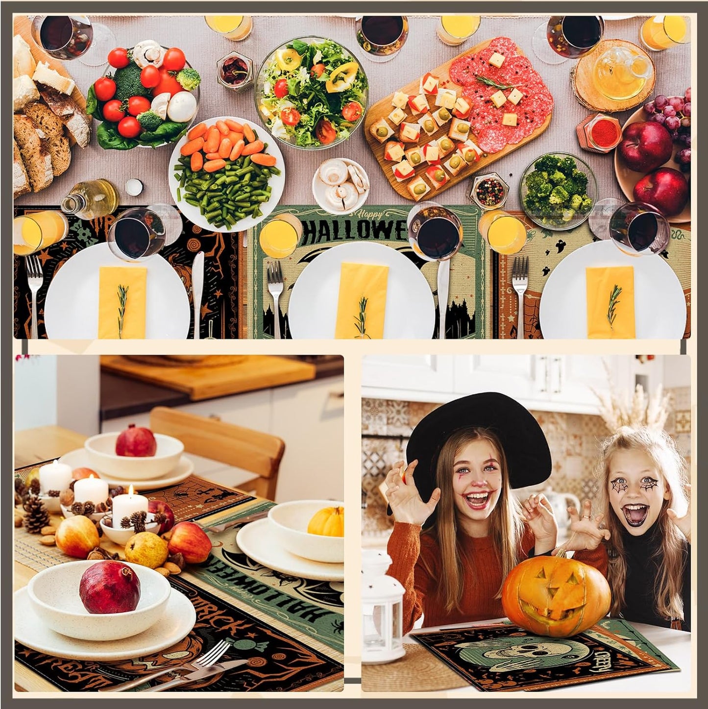 Umigy 6 Pcs Halloween Placemats 12"x18" Gothic Bat Placemats Kitchen Decoration Washable Witch Place Mats Rectangle Skull Table Mats for Halloween Dining Table Accessories(Scary)